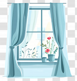 Window With Curtains - Window With Blue Curtains And Potted Plants Transparent PNG