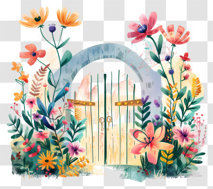 Spring Garden Gate - Flower-Covered Gate Illustration With Vibrant Blooms Transparent PNG