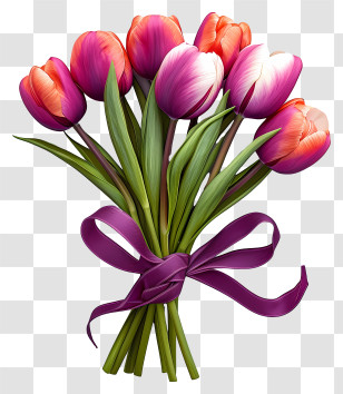 Doodle Style Tulips Bouquet - Bouquet Of Tulips With Purple Ribbon Transparent PNG