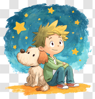 Cute Little Boy With Dog - Boy Sitting With A Dog Under Stars Illustration Transparent PNG