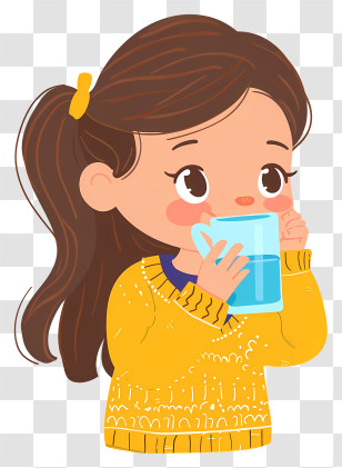 Drinking Water - Cartoon Girl Drinking Water In Yellow Sweater Transparent PNG