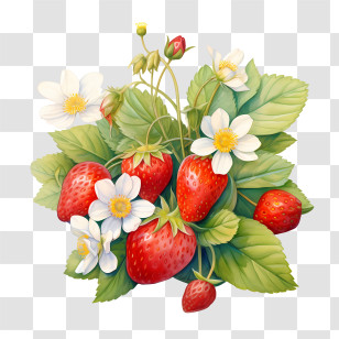 Strawberry - Strawberry Plant With Ripe Fruits And Flowers Transparent PNG