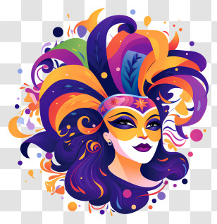 Masked Woman - Mardi Gras Mask Illustration With Colorful Feathers Transparent PNG