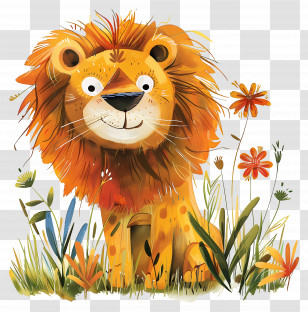 Lion - Cute Cartoon Lion Among Flowers Transparent PNG