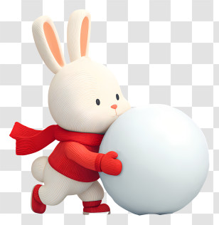 Bunny Pushing Snowball - White Bunny With Snowball In Winter Attire Transparent PNG