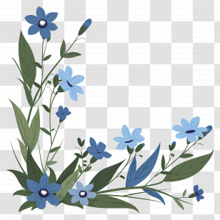 Flowers Corner - Beautiful Blue Flowers And Foliage Illustration Transparent PNG