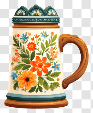 Oktoberfest Beer Stein - Beautiful Floral Ceramic Mug Transparent PNG