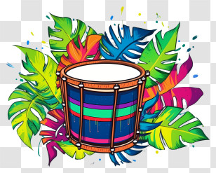 Drum - Colorful Drum With Vibrant Tropical Leaves Transparent PNG