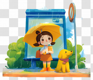Girl At Bus Stop - Girl With Umbrella And Dog In Rain Transparent PNG