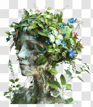 Midsummer - Artistic Floral Head With Flowers And Leaves Transparent PNG