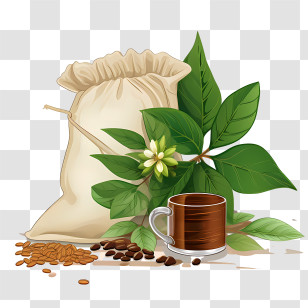 Coffee Beans Bag - Coffee Bag With Brown Cup And Leaves Transparent PNG