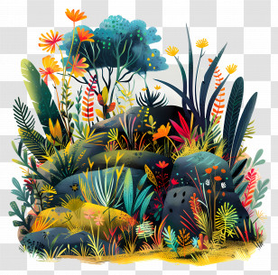 Meadows - Vivid Tropical Garden With Plants And Flowers Transparent PNG