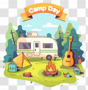 National Camp Day - Camping Setup With Caravan And Campfire Transparent PNG