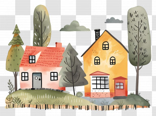 Countryside Houses - Doodle Illustration Of Two Cute Houses With Trees Transparent PNG