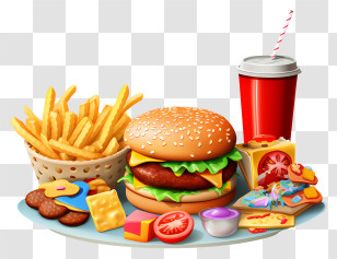Fast Food - Tasty Fast Food Tray With Burger And Fries Transparent PNG