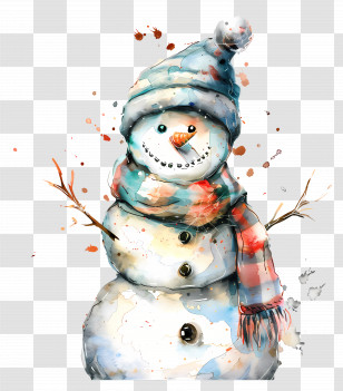 Snowman - Cheerful Snowman With Scarf And Hat Transparent PNG