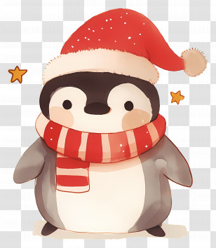 Christmas Penguin - Penguin In Santa Hat And Scarf For Christmas Transparent PNG