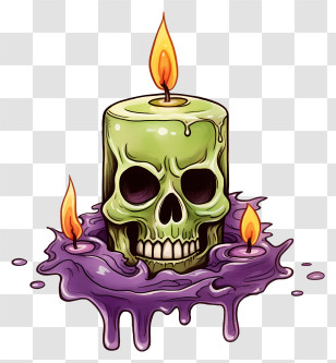 Skull Candle Holder - Spooky Green Skull Candle With Purple Wax Transparent PNG