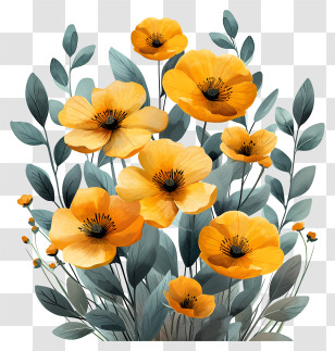 Gold Flowers - Bright Yellow Poppy Flowers Illustration Transparent PNG