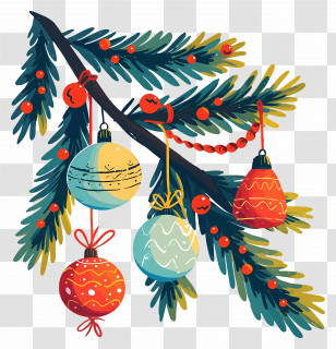 Christmas Balls On A Branch - Christmas Tree Ornaments On Evergreen Branch Transparent PNG