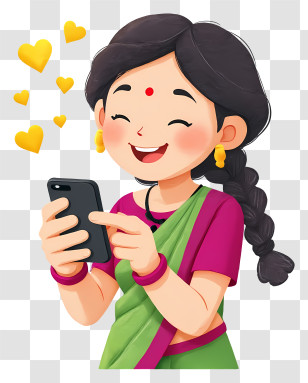 Woman Sending Love Message - Smiling Woman Texting In Green Sari Transparent PNG