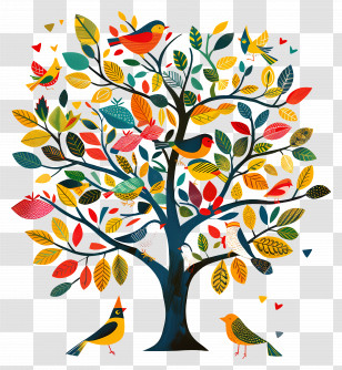 Tree With Birds - Colorful Tree With Birds Transparent PNG