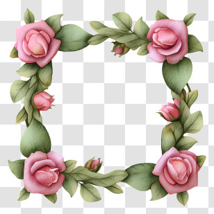 Watercolor Pink Rose Frame - Pink Rose Frame With Leaves Transparent PNG
