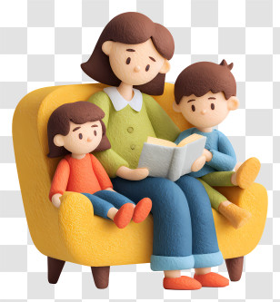 Mom Reading Book To Children - Family Reading On Yellow Couch Transparent PNG