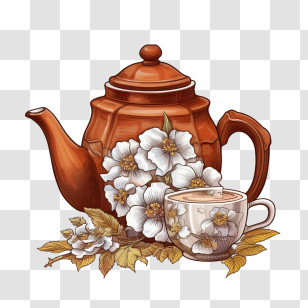 Teapot - Teapot And Cup With Flowers Transparent PNG
