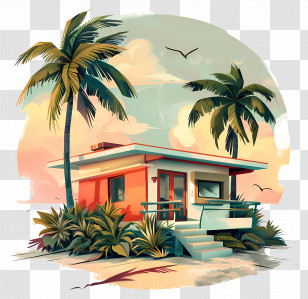 Beach Bungalow - Tropical Beach House At Sunset Transparent PNG
