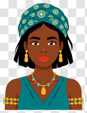 African Woman Portrait - Patterned Turban Woman Illustration With Gold Jewelry Transparent PNG
