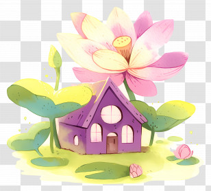 Watercolor Lotus Flower - Whimsical Purple House With Giant Flower Transparent PNG