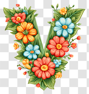 Letter V With Flowers - Floral Letter V With Colorful Flowers Transparent PNG