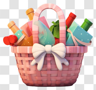 Pink Wicker Basket - Festive Gift Basket With Bottles And Decor Transparent PNG