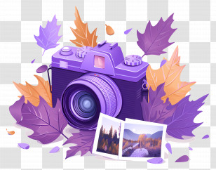 Cartoon Camera - Purple Camera With Autumn Leaves And Photos Transparent PNG