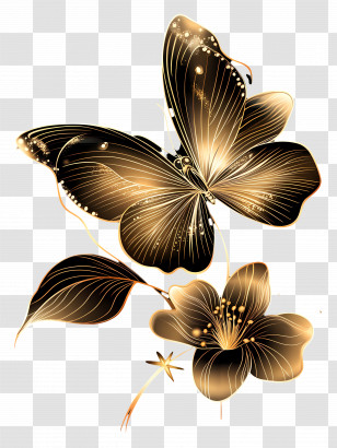 Gold Butterfly - Golden Butterfly With Decorative Flowers Transparent PNG