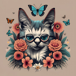 Global Cat Day - Stylish Cat With Glasses And Flowers Transparent PNG
