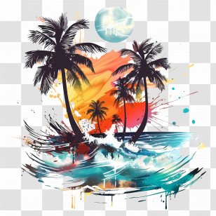 Beach Tunes - Tropical Beach Illustration With Palm Trees And Sunset Transparent PNG