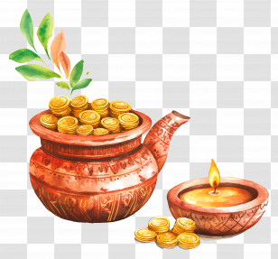 Dhanteras - Decorative Pot With Gold Coins And Lit Lamp For Diwali Transparent PNG