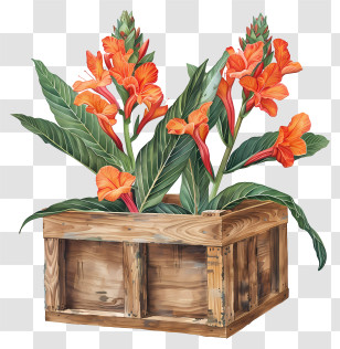 Canna Indica Flower - Orange Flowers In Rustic Wooden Box Transparent PNG