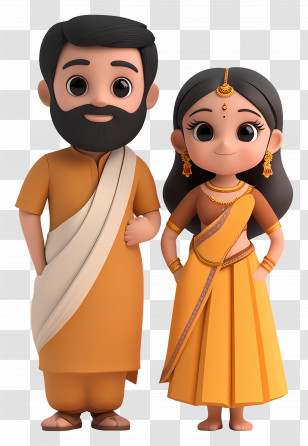 Indian Family - Cartoon Couple In Traditional Attire Transparent PNG