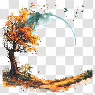 September Equinox - Autumn Tree With Falling Leaves Transparent PNG