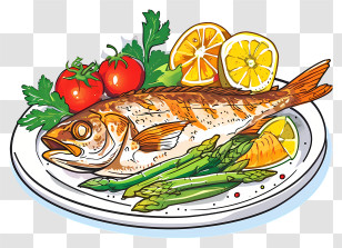 Vector Draw Design - Gourmet Fish Dish With Vegetables And Lemon Transparent PNG