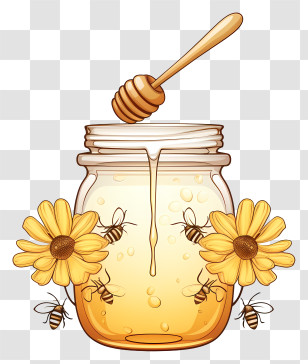 Honey Jar - Honey Jar With Bees And Flowers Illustration Transparent PNG