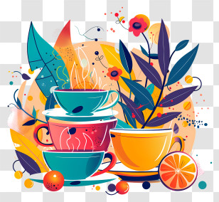 Tea Party - Colorful Cups With Leaves And Flowers Transparent PNG