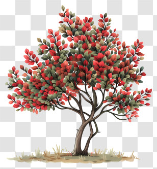 Autumn Tree - Tree With Red Leaves And Green Accents Transparent PNG