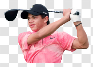 Charlie Woods - Golfer In Pink Shirt Swinging Transparent PNG