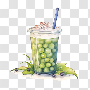 Matcha Bubble Tea - Bubble Tea With Green Pearls And Whipped Topping Transparent PNG