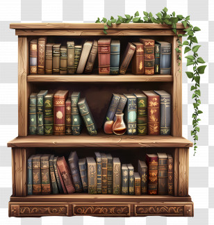 Bookcase - Wooden Bookshelf With Books And Decorations Transparent PNG