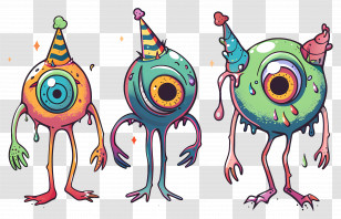 Monster Eyeballs - Colorful Cartoon Monsters With Party Hats Transparent PNG